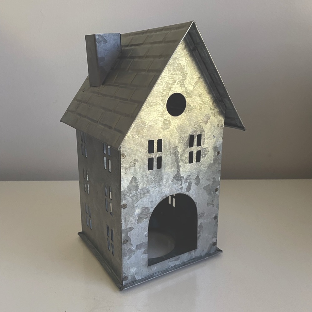 Pottery Barn Gray Galvanized Decorative House Lantern Christmas Village NEW